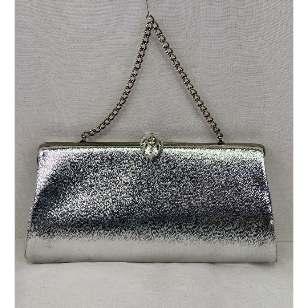 VTG Silver Metallic Evening Bag Rhinestone Clasp Chain Handle‎ Frame Purse Leaf